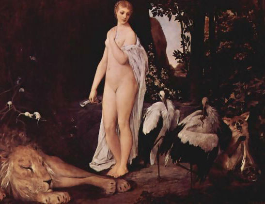 Weiblicher Akt mit Tieren in einer Landschaft Gustav Klimt